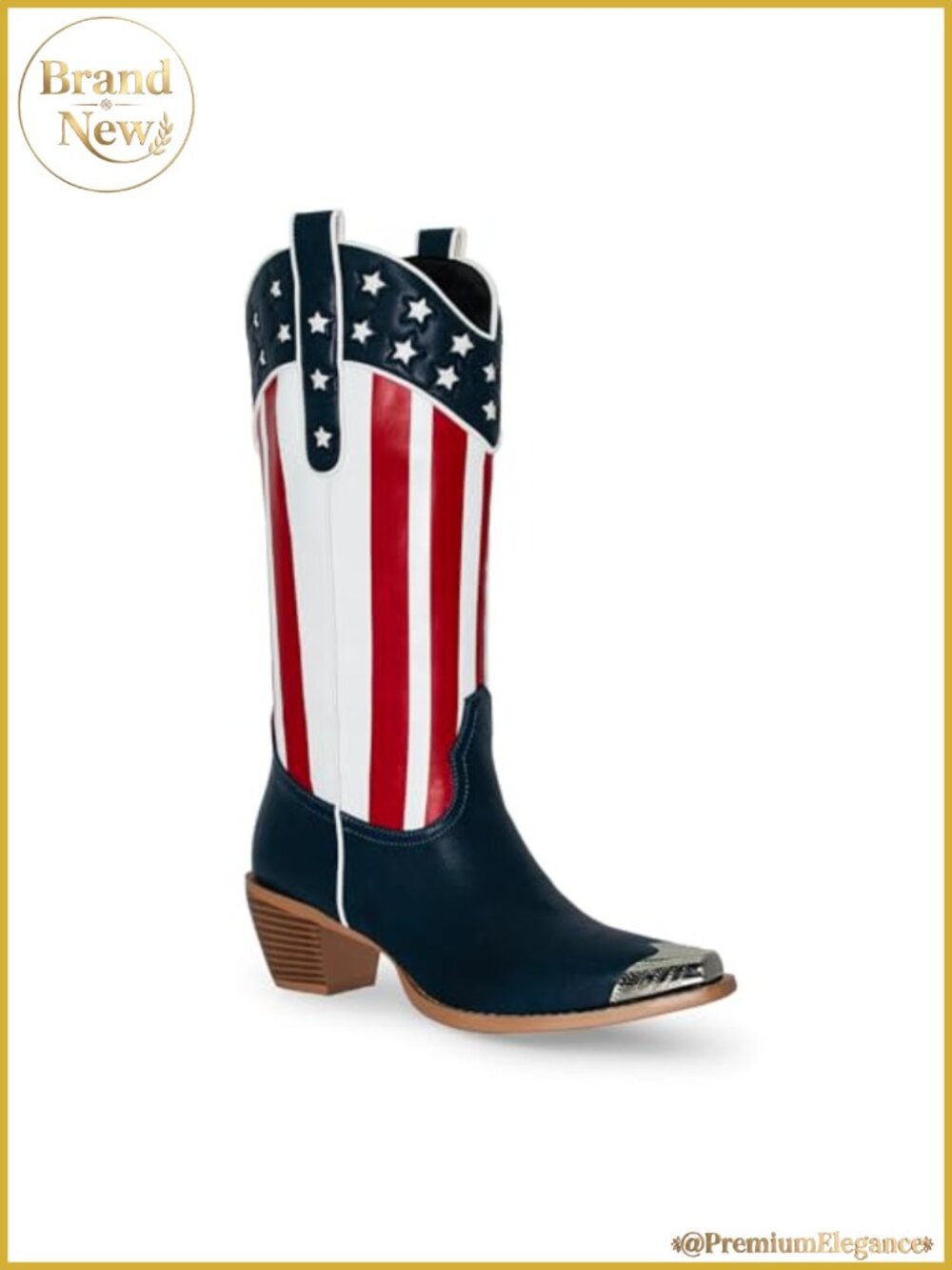 Patriotic Cowboy Boots Pointed Toe 2.5" Block Heel Mid Calf Western Boots